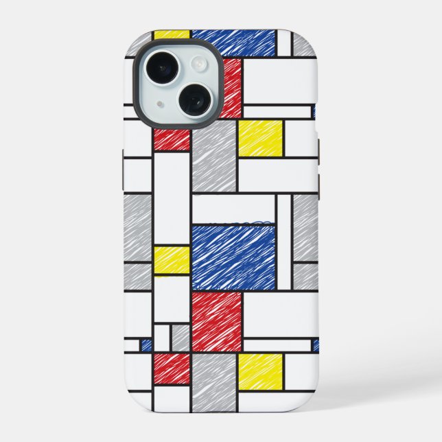 Mondrian Scribbles Minimalist Stijl Modern Art iPhone 15 Hülle (Rückseite)