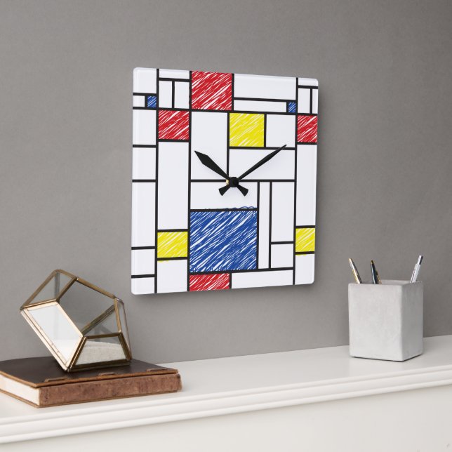 Mondrian Scribbles Minimalist Stijl Modern Art Quadratische Wanduhr (Büro)