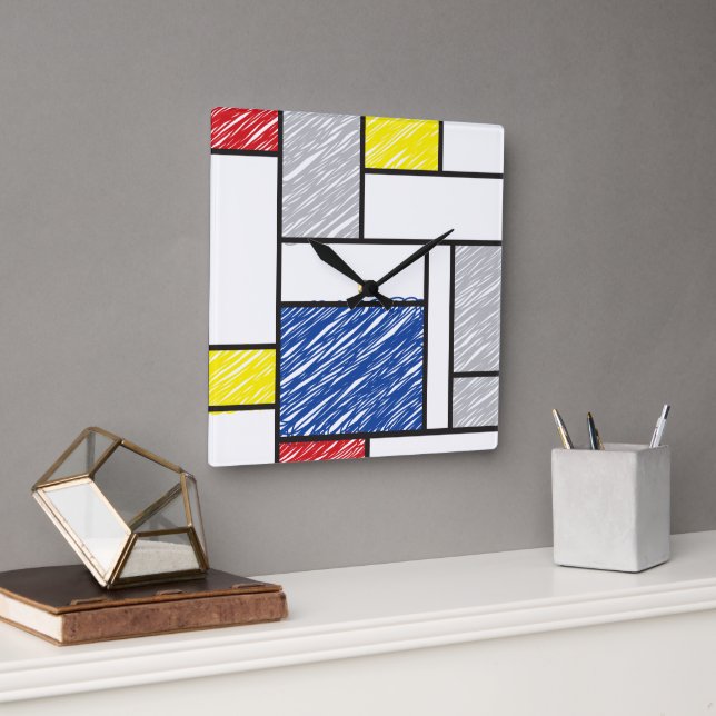 Mondrian Scribbles Minimalist Stijl Modern Art Quadratische Wanduhr (Büro)