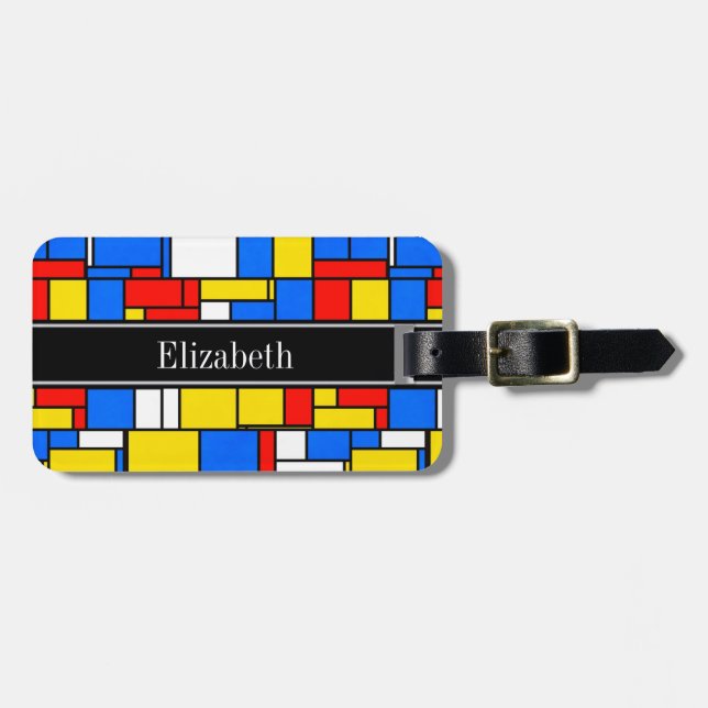 Mondrian Style Red Blue Yellow Black Name Monogram Gepäckanhänger (Vorderseite horizontal)