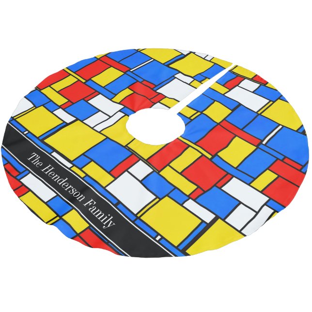 Mondrian Style Red Blue Yellow Black Name Monogram Polyester Weihnachtsbaumdecke (Schrägansicht)