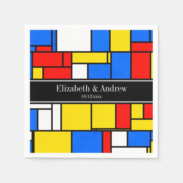 Mondrian Style Red Blue Yellow Black Name Monogram Serviette (Vorderseite)