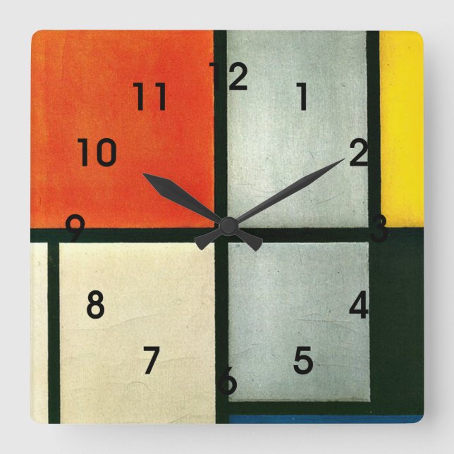 Mondrian - Tableau 3 mit Orange-rot, Gelb... Quadratische Wanduhr (Vorderseite)