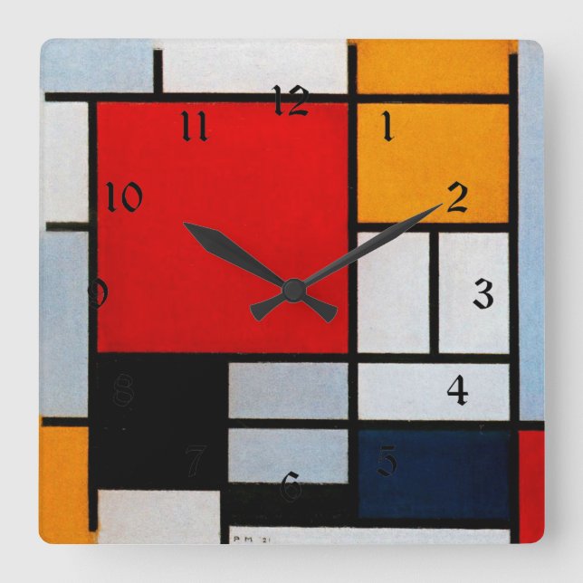 Mondrian - Zusammensetzung mit großem rotem Flugze Quadratische Wanduhr (Vorderseite)