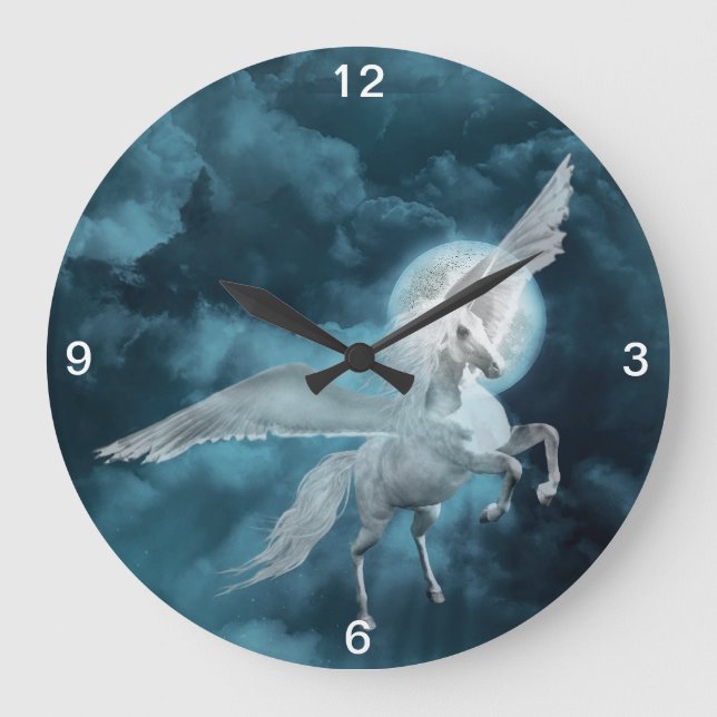Mondschein Pegasus Große Wanduhr (Vorderseite)