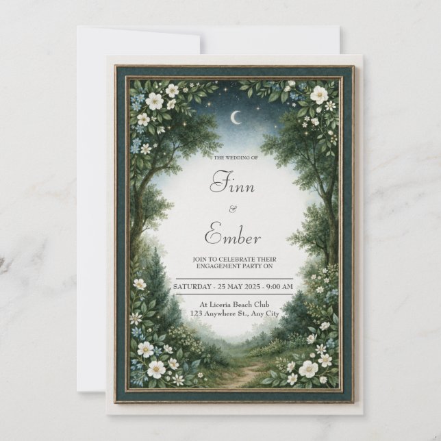 Mondsichel-Smaragd-Waldrahmen-Hochzeit Einladung (Vorderseite)