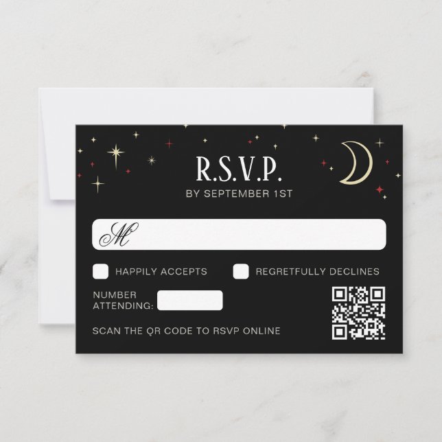 Mondsichel-Sterne QR-Code Hochzeit RSVP Karte (Vorderseite)