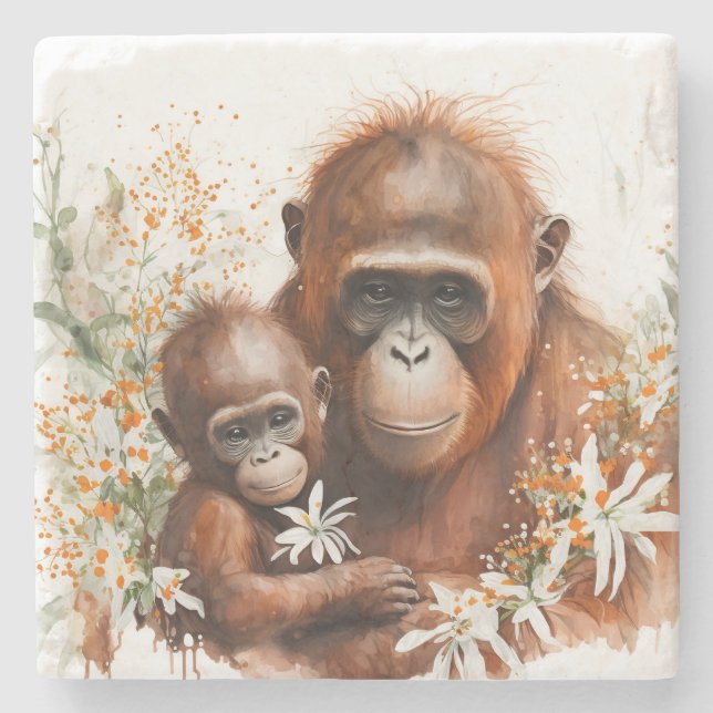 Moneky und Baby Watercolor Steinuntersetzer (Vorderseite)