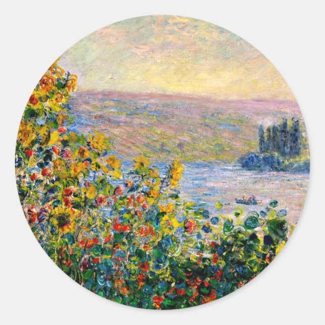 Monet - Blumenbeete in Vetheuil Runder Aufkleber (Vorderseite)