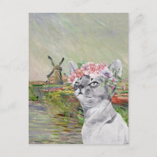 Monet Champ Tulipes und Extravagante Katze Postkarte