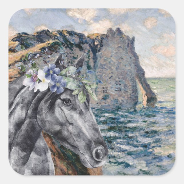 Monet Cliff of Aval & Black Horse Quadratischer Aufkleber (Vorderseite)