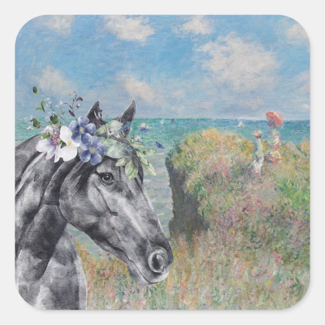 Monet Cliff Walk & Black Horse Quadratischer Aufkleber (Vorderseite)