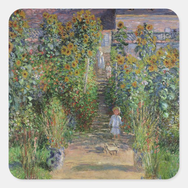 Monet Garden Vetheuil Impressionim Malerei Quadratischer Aufkleber (Vorderseite)