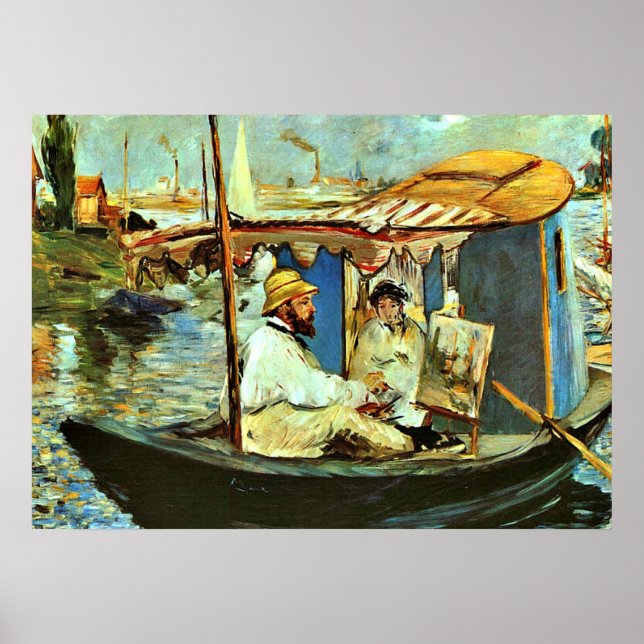 Monet in seinem Floating Studio Boat von Edouard M Poster (Vorne)