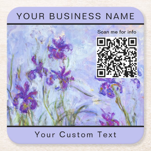 Monet - Lilac Irises / Iris Mauves - QR-Code Rechteckiger Pappuntersetzer (Vorderseite)