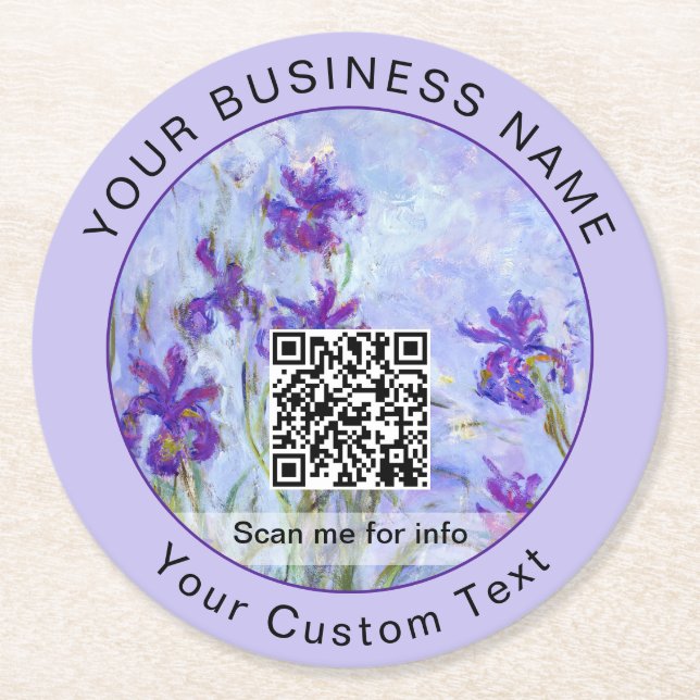 Monet - Lilac Irises / Iris Mauves - QR-Code Runder Pappuntersetzer (Vorderseite)