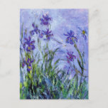 Monet Lilac Irises Postcard Postkarte<br><div class="desc">Monet Lilac Irises Postkarte. Ölmalerei auf Leinwand aus dem Jahr 1917. Monet malte während seiner Karriere Irises, dies ist eines seiner letzten Iris-Gemälde und sicherlich eines seiner eindringlichsten. Die Arbeit ist stark impressionistisch und die dunklen lila Reize scheinen fast in Wasser über ihrem dunkelgrünen Blattwerk zu schweben, der Himmel darüber...</div>