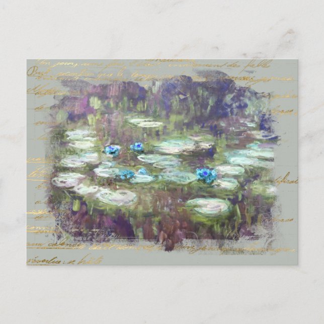 ** Monet Lily Pads Pond Old Gold Handwriting AR23 Postkarte (Vorderseite)