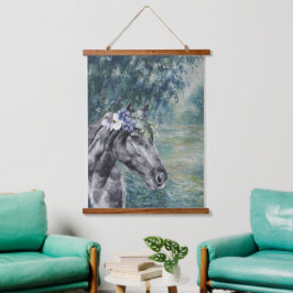 Monet Morning Seine und Black Horse Compilation Wandteppich Mit Holzrahmen