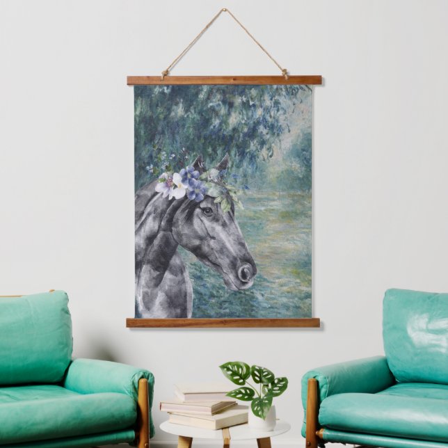 Monet Morning Seine und Black Horse Compilation Wandteppich Mit Holzrahmen (Wohnzimmer)