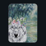 Monet Morning Seine und Grau Wolf Magnet<br><div class="desc">Die schöne und künstlerische Zusammenstellung zeigt Claude Monets Morning an der Seine als Hintergrund mit dem Portrait des grauen Wolfs mit blühenden Wasserfarben-Kronen-Overlay.</div>