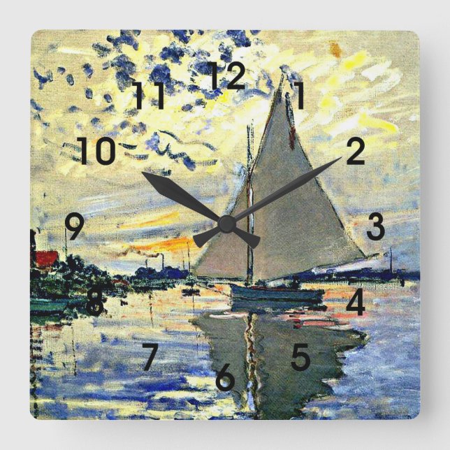 Monet - Sailboat at le Petit Gennevilliers Quadratische Wanduhr (Vorderseite)