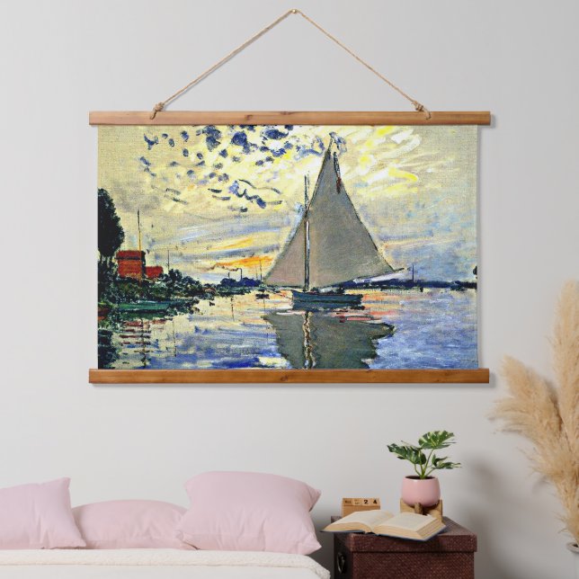 Monet - Sailboat at le Petit Gennevilliers Wandteppich Mit Holzrahmen (Schlafzimmer)