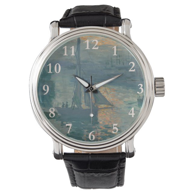 Monet Sunrise Marine Impressionismus Gemälde Armbanduhr (Vorderseite)