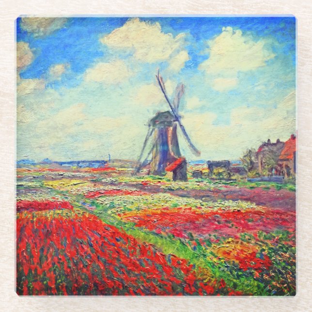 Monet Tulips Windmill Glasuntersetzer (Vorderseite)