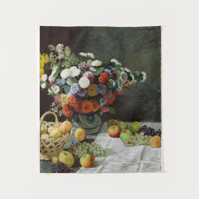 Monet Vintag Stillleben mit Blume und Obst Wandteppich (Vorderseite)