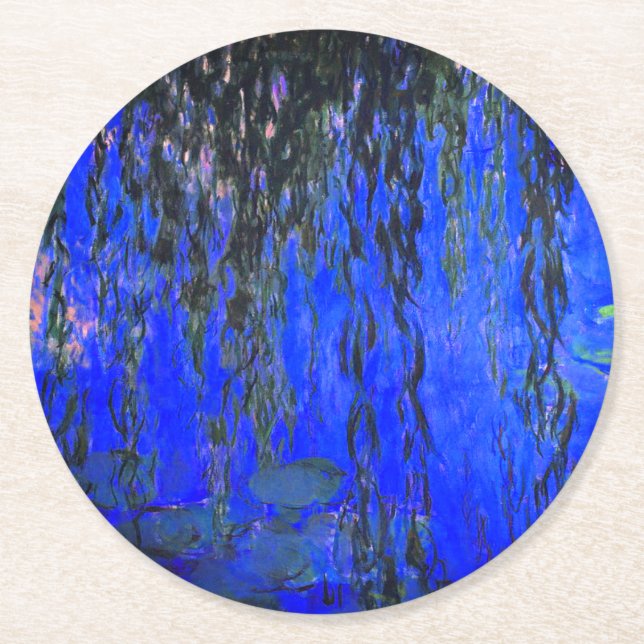 Monet Water Lilies und Weeping Willow Branches Runder Pappuntersetzer (Vorderseite)