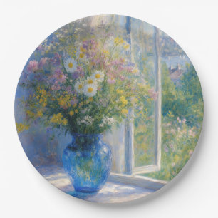Monet-Wildblumenstrauß in blauer Vase Pappteller