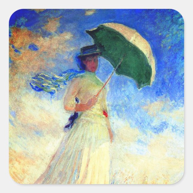 Monet Woman mit einem Sonnenschirm rechts Quadratischer Aufkleber (Vorderseite)