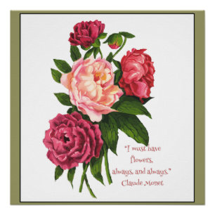 Monet-Zitat der Vintagen Peony-Blume in Rot, Rosa Poster