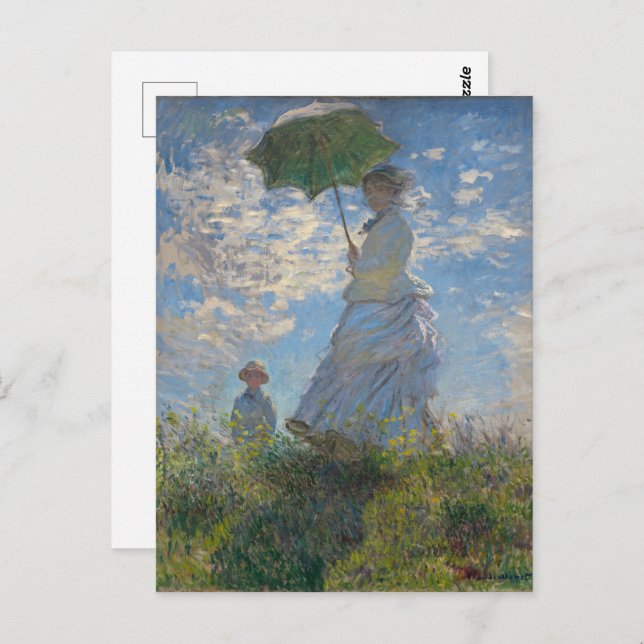 Monets Frau mit Sonnenschirm, beeindruckende Lands Postkarte (Vorne/Hinten)