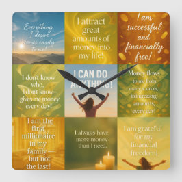 Money affirmation quadratische wanduhr