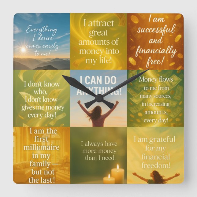 Money affirmation quadratische wanduhr (Vorderseite)