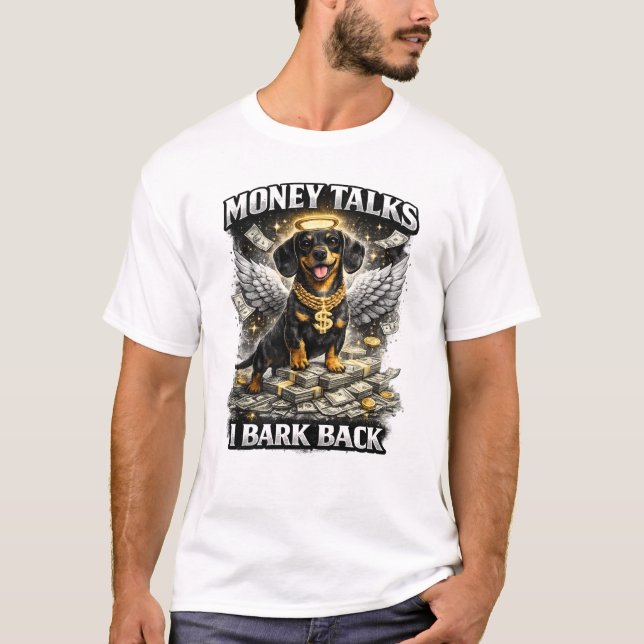 Money Dog Angel Rich Black Dog Funny Design T-Shirt (Vorderseite)
