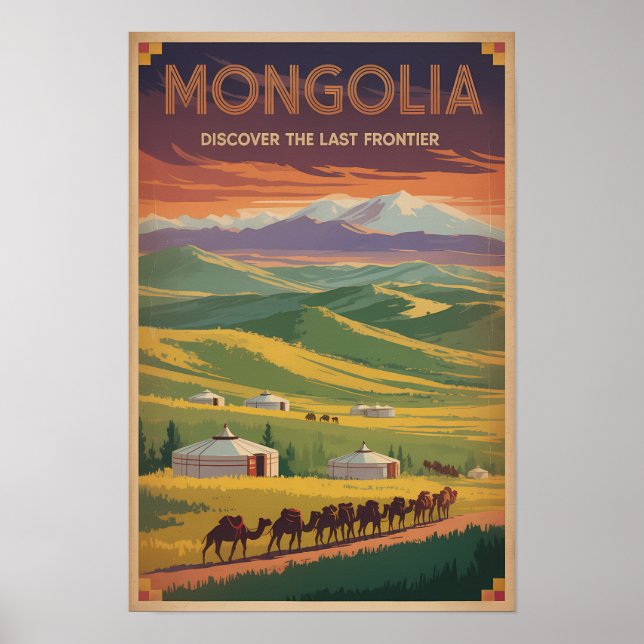 Mongolei Kamele Jurte Illustration Reise Kunst Ret Poster (Vorne)