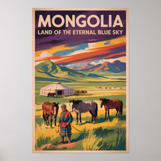 Mongolei Pferde Jurte Illustration Reise Kunst Ret Poster (Vorne)