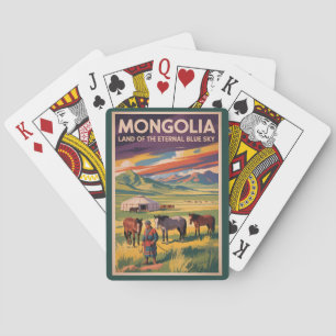 Mongolei Pferde Jurte Illustration Reise Kunst Ret Spielkarten