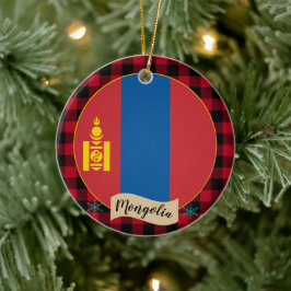 Mongolei, Roter Büffel kariert & mongolische Flagg Keramik Ornament