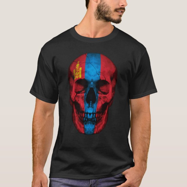 Mongolia Flag Skull Mongolian Roots Proud Patrioti T-Shirt (Vorderseite)