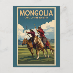 Mongolia Reiter Illustration Reise Kunst Vintage Postkarte