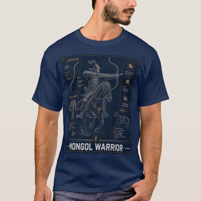 Mongolischer Krieger Blueprint T-Shirt (Vorderseite)