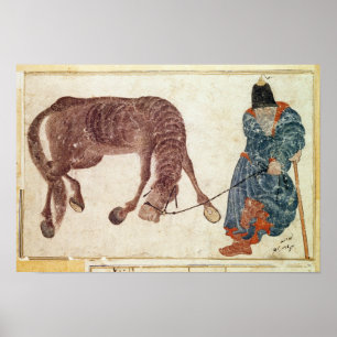 Mongolischer Nomade, der sein Pferd zum Wasser nim Poster