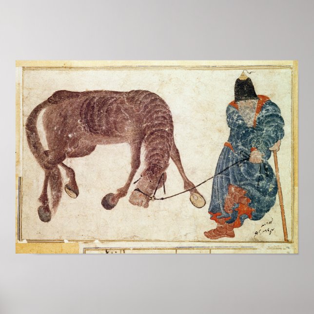 Mongolischer Nomade, der sein Pferd zum Wasser nim Poster (Vorne)