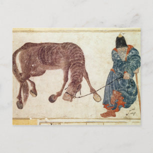 Mongolischer Nomade, der sein Pferd zum Wasser nim Postkarte
