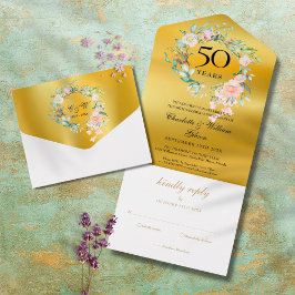 Mongram, 50. Wedding Anniversary Floral Gold All In One Einladung