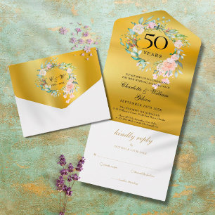Mongram, 50. Wedding Anniversary Floral Gold All In One Einladung